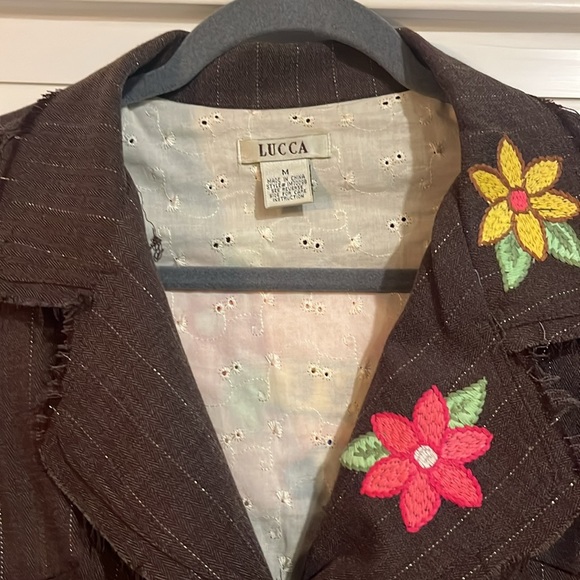 Lucca M Patchwork Denim Jacket 70's Hippie Style Embroidered Loose Threads Lined - Picture 4 of 7